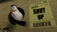 Penguin in cup next to SHUT UP label