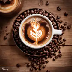 Latte art heart surrounded by coffee beans
