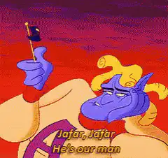 Genie holding Jafar flag