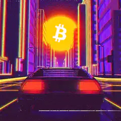 Bitcoin car driving into sunset