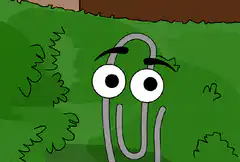 Paperclip character hiding in bushes