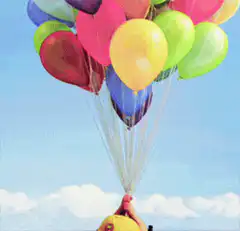 Young Russell lifted by balloons