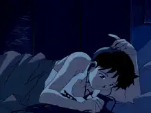 Shinji lying in bed with Asuka watching