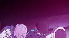 anime characters looking down in purple and blue light