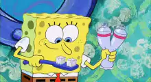 SpongeBob brushing his teeth with toothpaste