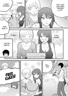 Two girls receive free cakes from a shy boy