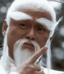 Old man with white hair and beard pointing finger