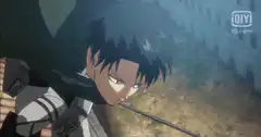 Eren uses ODM gear to attack a Titan
