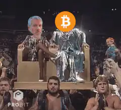 Richard Branson and Bitcoin on a throne
