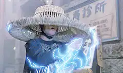 Man in straw hat conjuring lightning