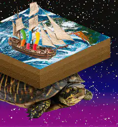 Turtle carrying a ship on its back