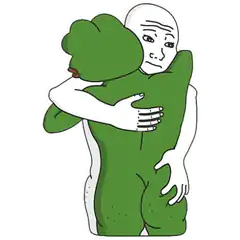 Bald man hugging a green blob