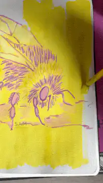 Yellow watercolor wash over bee drawing