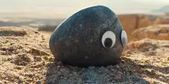 Googly-eyed rock in desert