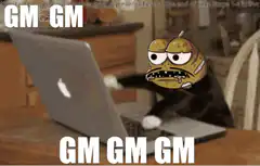GM GM GM cat typing on laptop