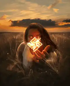 Woman holding glowing swastika in field