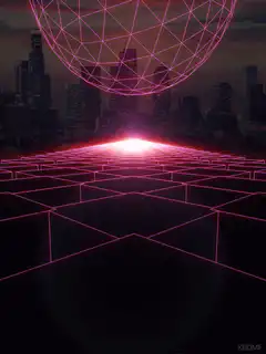 neon grid cityscape with floating sphere