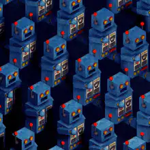 Blue pixel art robots marching