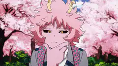 Momo Yaoyorozu thinking with hand on chin