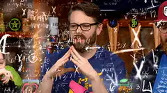 man with math equations floating around him