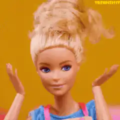 Barbara doll shrugs then covers mouth