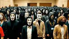Crowd of people wearing Guy Fawkes masks