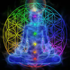 meditating figure with chakras and flower of life