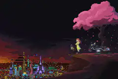 Pixel art couple under cherry blossom tree