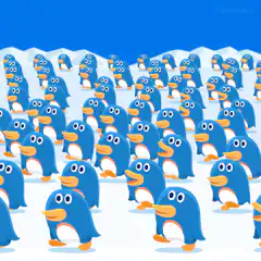 Blue cartoon penguins marching