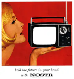 Woman holding TV with purple bird logo