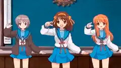 Three anime girls dancing in school uniforms