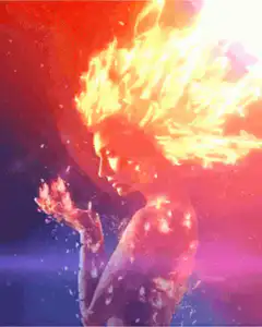Woman with fire hair and glowing hands