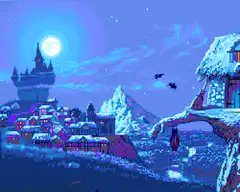 pixel art village under full moon