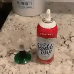 Whipped cream canister falls on dog