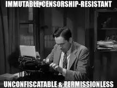 Man typing on typewriter with censorship-resistant text