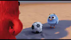 Red bird kicks soccer ball at blue bird