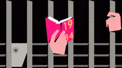 Hands reading 1984 behind bars