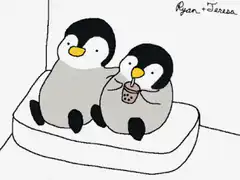 Two penguins cuddle with bubble tea