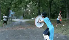 Man with shield deflects firework