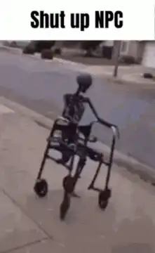 Skeleton in walker on sidewalk