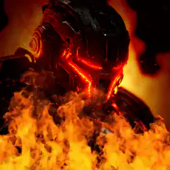 Giant robot head in flames
