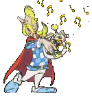 Aladdin playing trumpet with music notes
