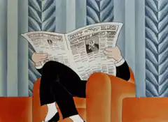 Man reading newspaper shocked