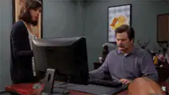 Ron Swanson throws computer in dumpster