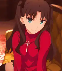 anime girl red dress smiles