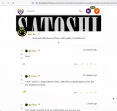 Satoshi Nostr forum page with popups