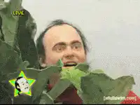 Man eating leaves with wide eyes