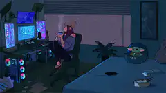 Girl streaming in cozy rainy room