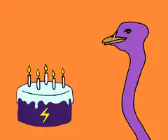 Purple bird looks at birthday cake