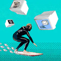 Surfer dodging retro computer windows